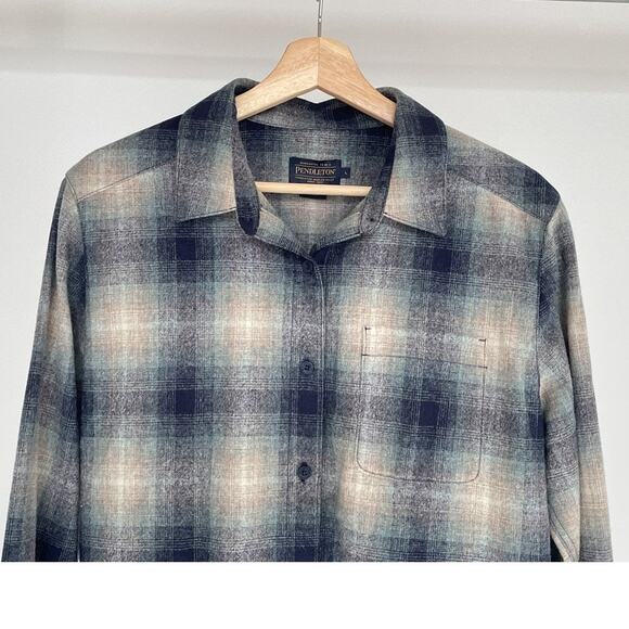 Pendleton Made in USA Wool Blue Plaid Button Up Mens Shirt Sz L Lodge One Pocket - Picture 3 of 12